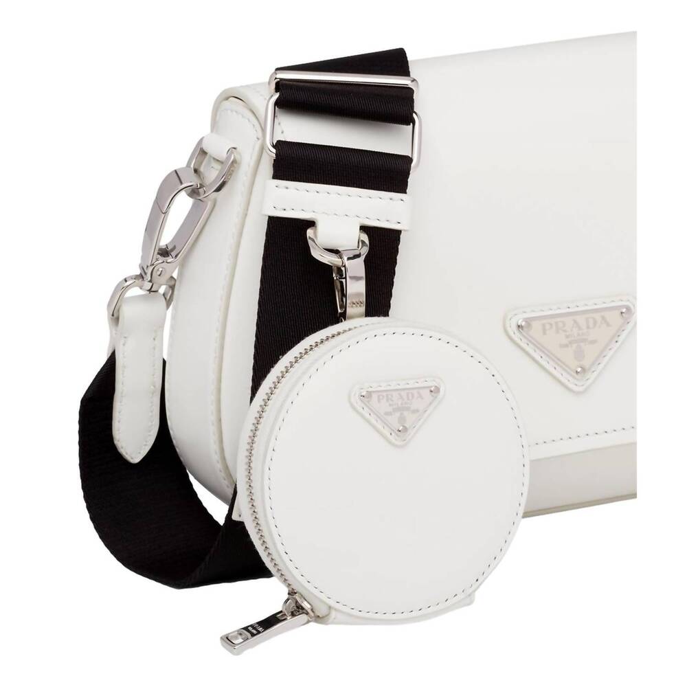 NEW PRADA women's triangle plaque smooth leather round mini pouch in white - Picture 4 of 5